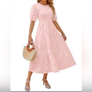 Chic Pink Midi Dress with Lace Detail